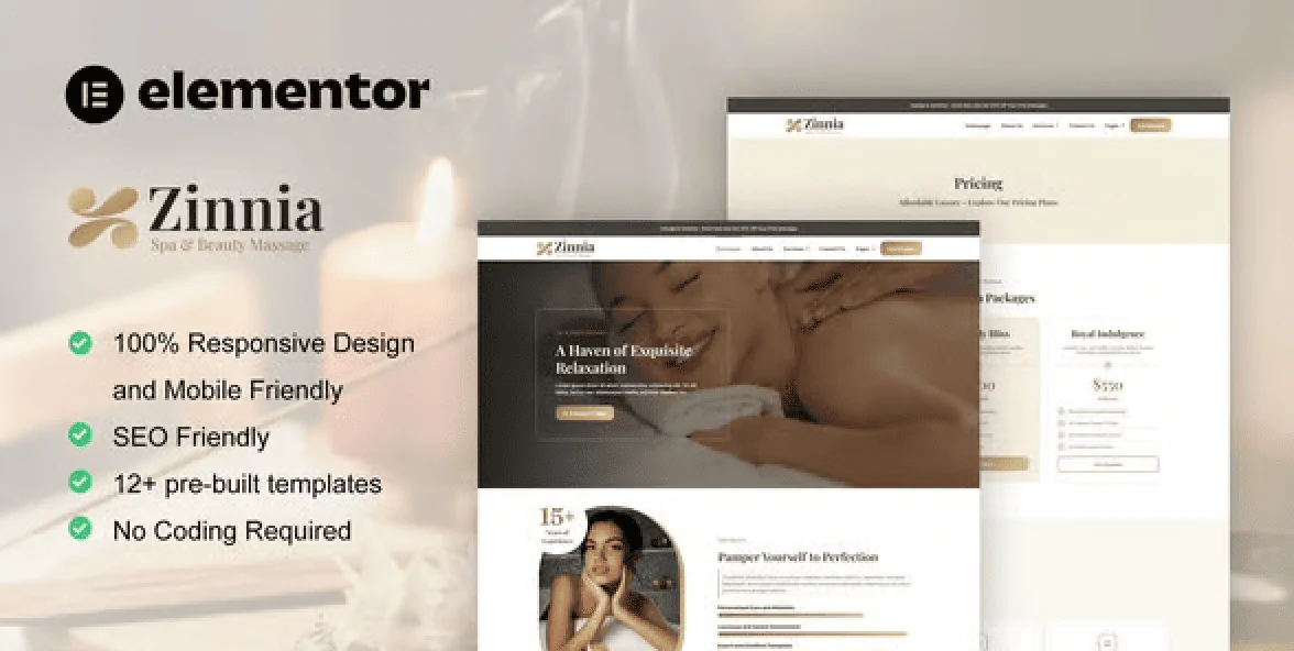 Zinnia – Spa and Beauty Care Elementor Pro Template Kit